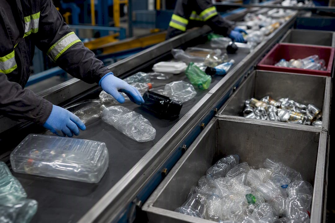 Anonymous beverage containers on recycling conveyor