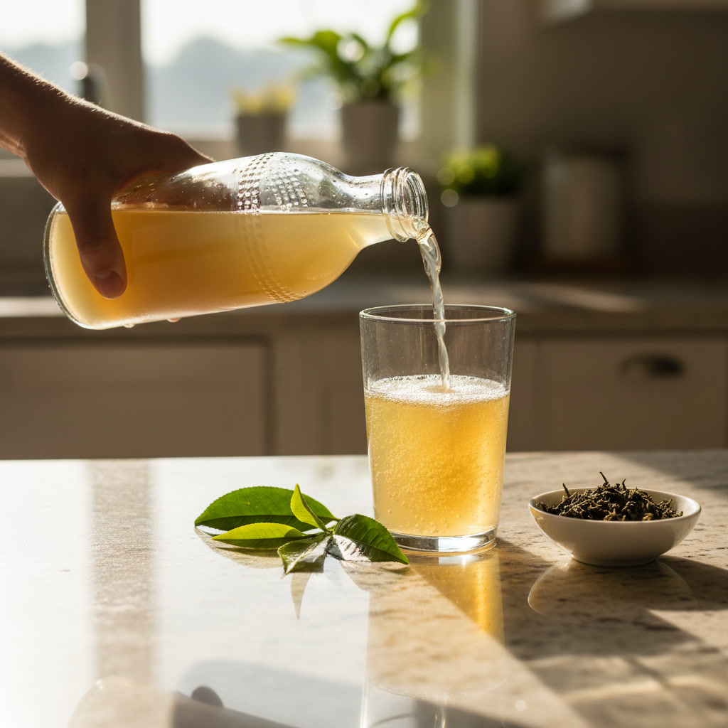 Pouring kombucha for blood pressure and cholesterol article