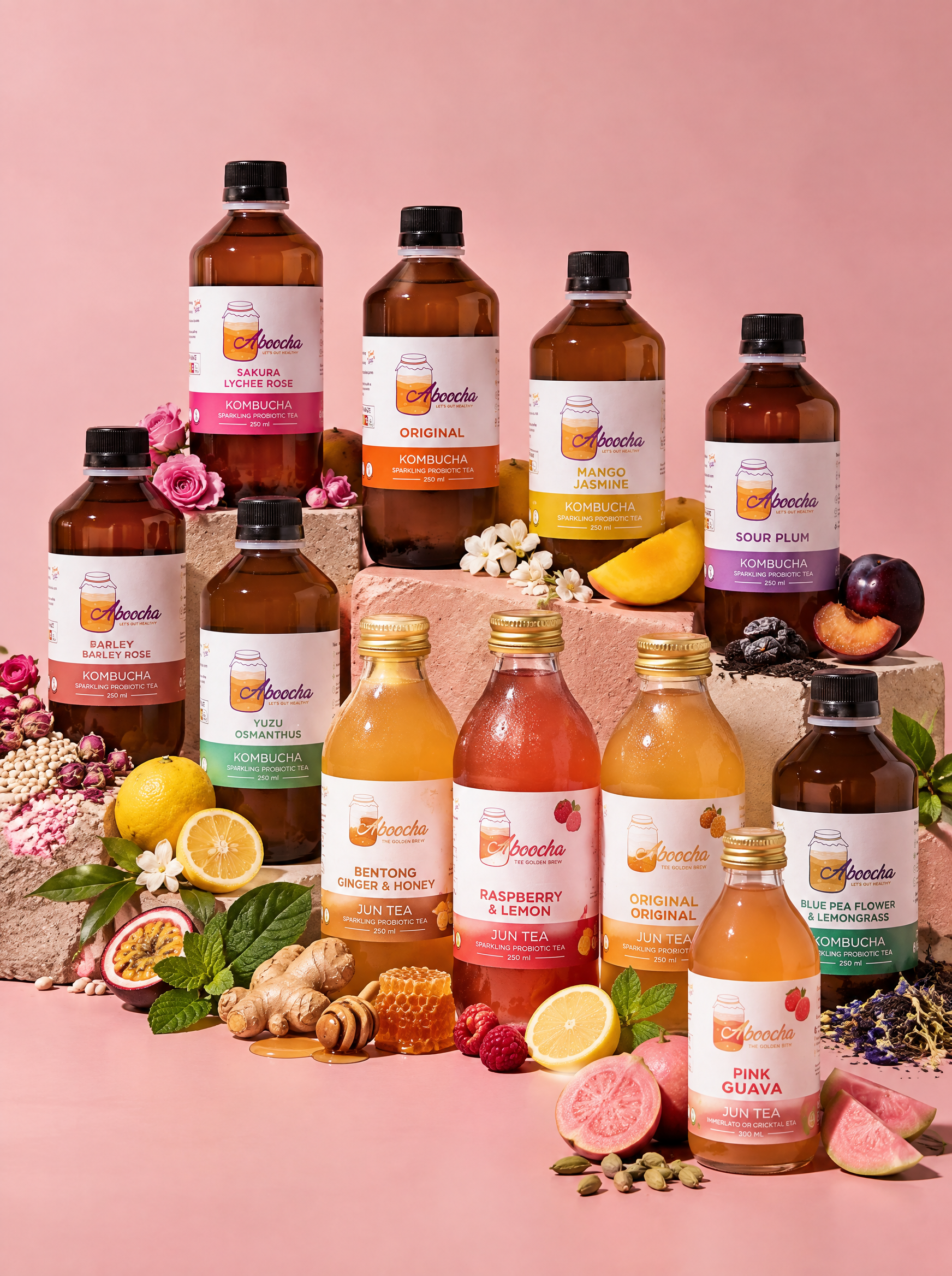 Chilled Aboocha kombucha bottles with ice and condensation