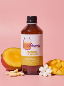 Aboocha Mango Jasmine kombucha bottle for a sweet mango cooler
