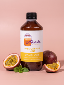Aboocha Passionfruit Mint kombucha bottle for a mojito-style mocktail
