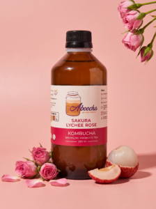 Aboocha Lychee Rose kombucha bottle for a floral party mocktail