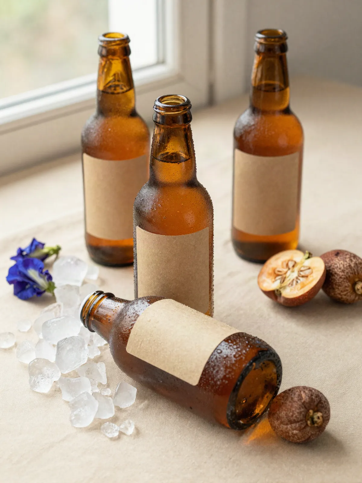 Chilled Aboocha kombucha bottles with ice and condensation