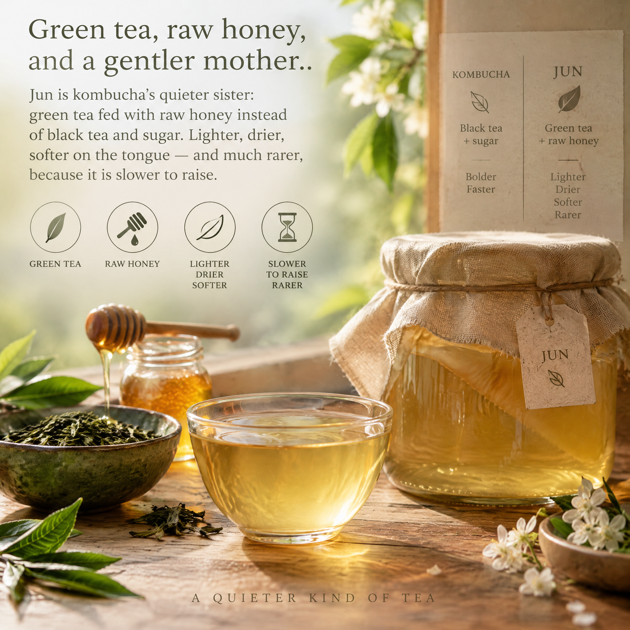 Jun tea brewing with honeycomb and green tea