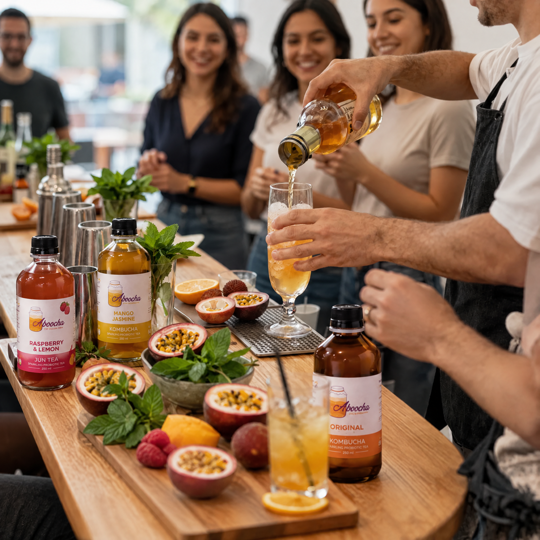 Workshops Cocktail Bar A kombucha cocktail bar at an Aboocha workshop