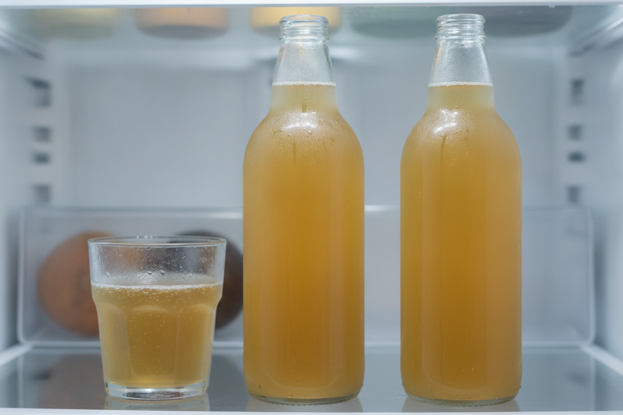 Chilled bottles and a glass in a fridge, a visual for does jun kombucha have alcohol