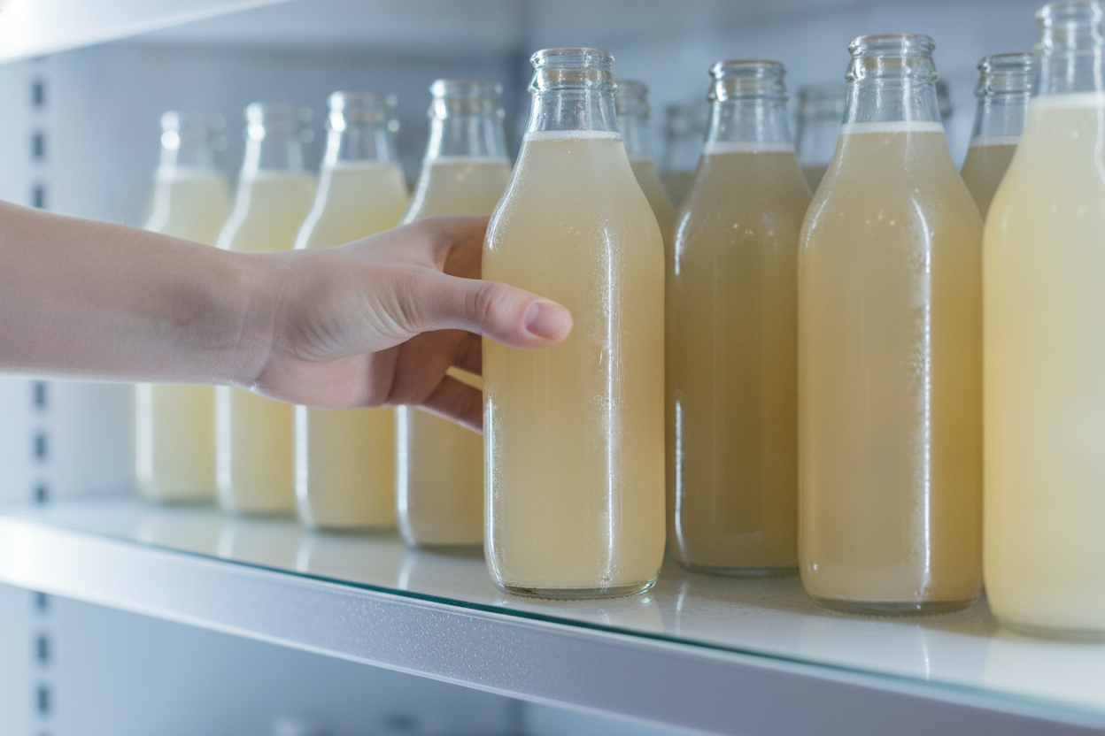 A hand choosing a chilled bottle of kombucha, to compare kombucha singapore price