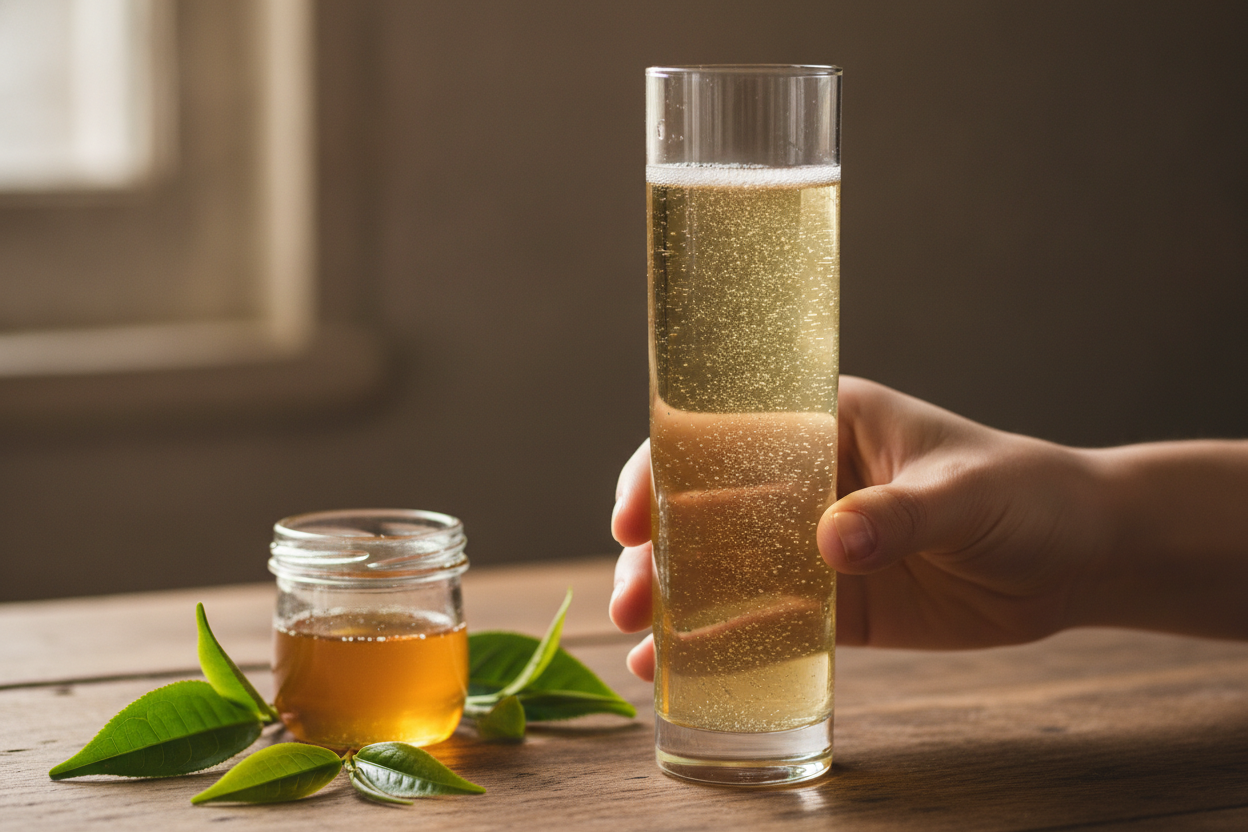 A hand holding a flute of sparkling green tea and honey drink, answering what is jun tea