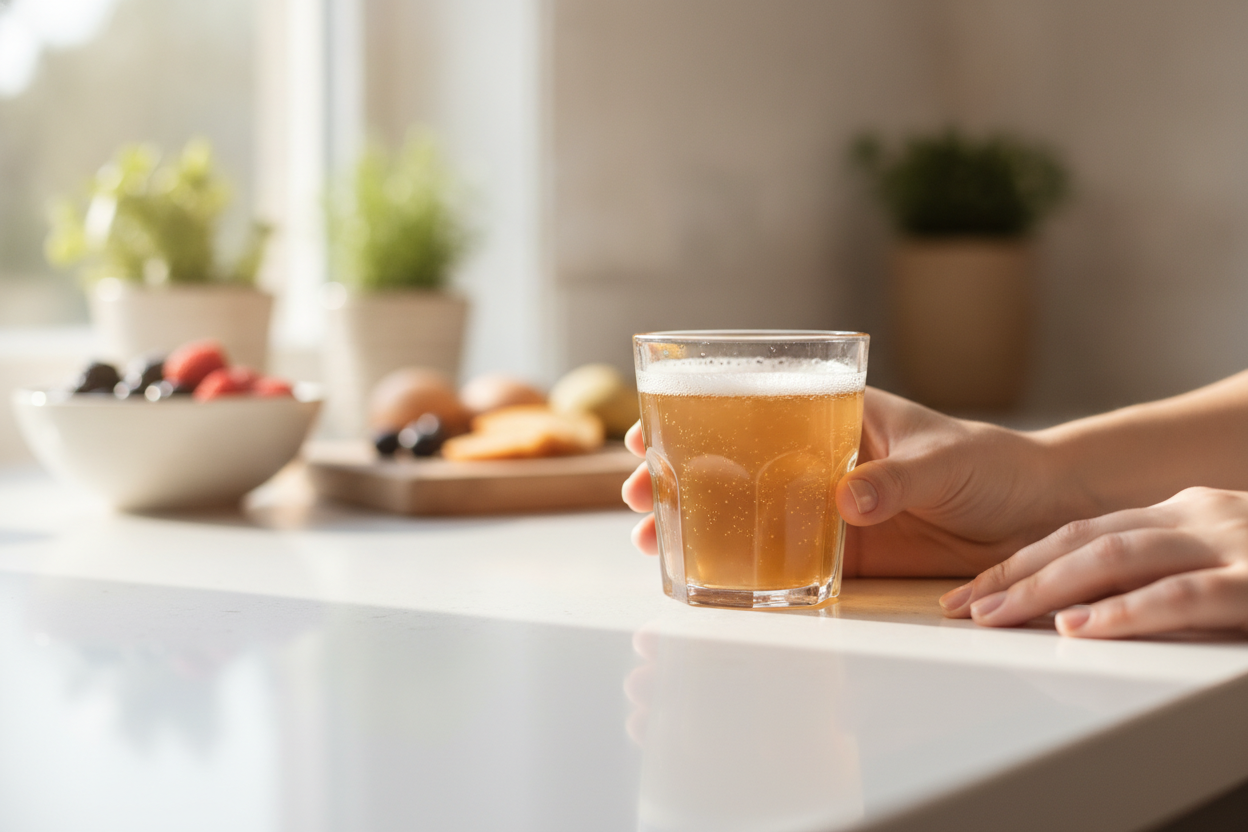 A glass of kombucha held in two hands, a calm look at the kombucha liver and kidney question